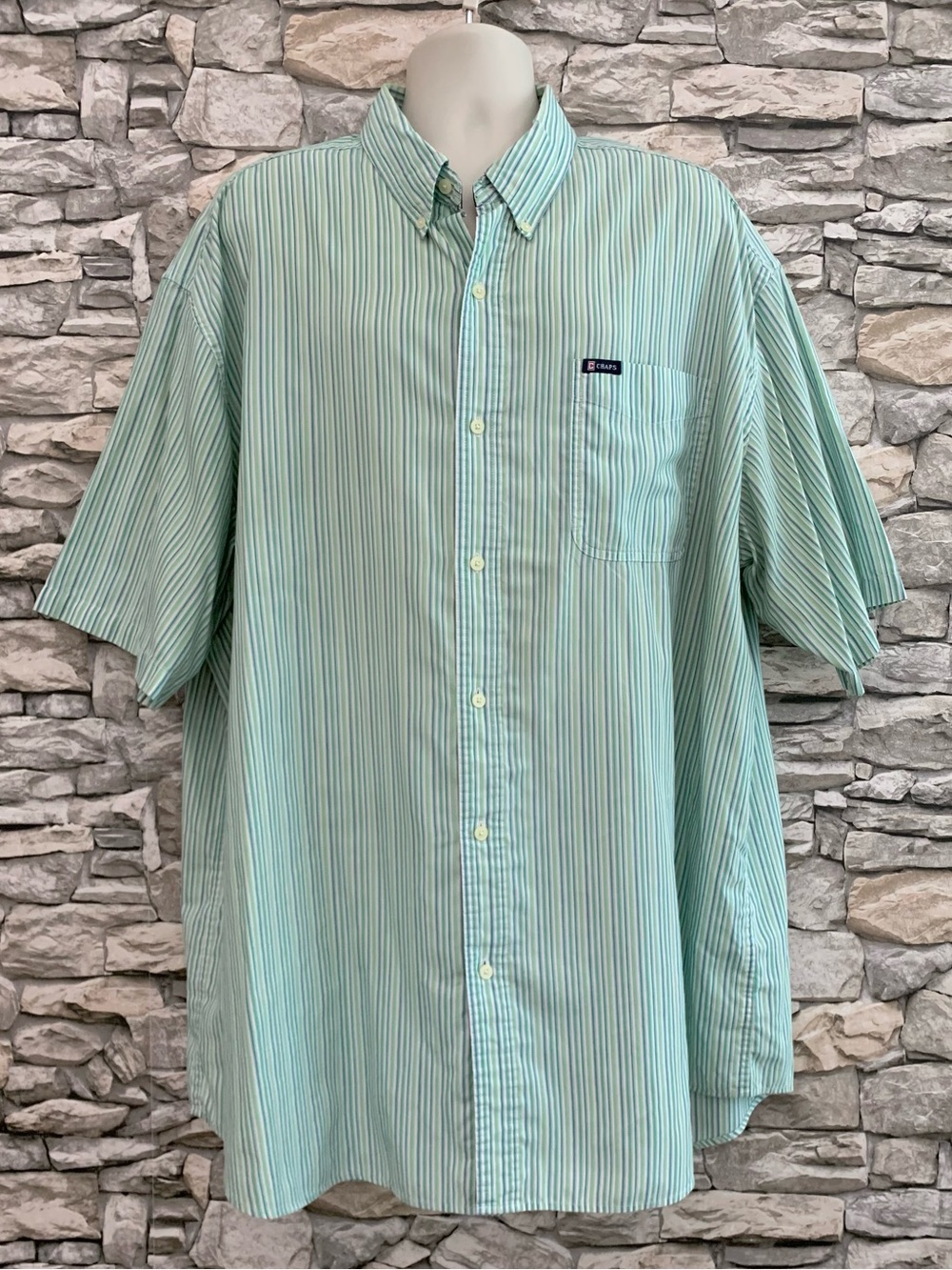 #06 Chaps Easy Care Green Blue White Striped Collared Button Down Shirt Top 3XLT